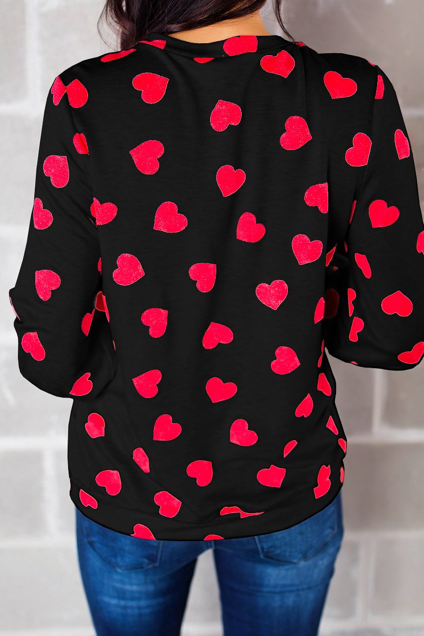Womens Long Sleeve Heart Prints Blouse Crew Neck Valentines Tshirt Sweatshirt