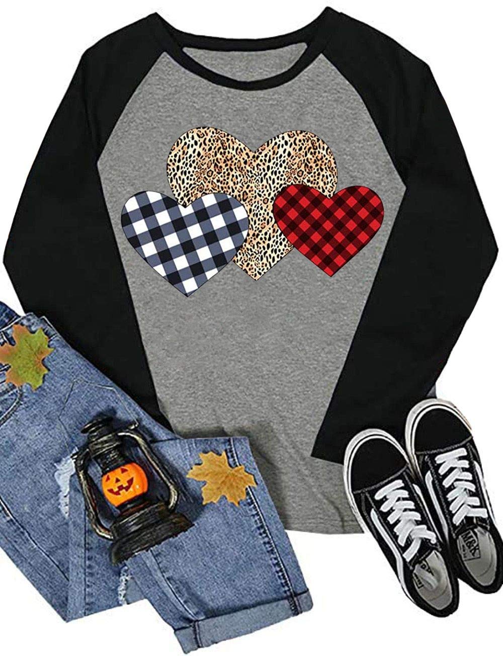 Womens Love Heart Raglans T-Shirts Casual Long Sleeve Valentine's Day Graphic Tees Tops