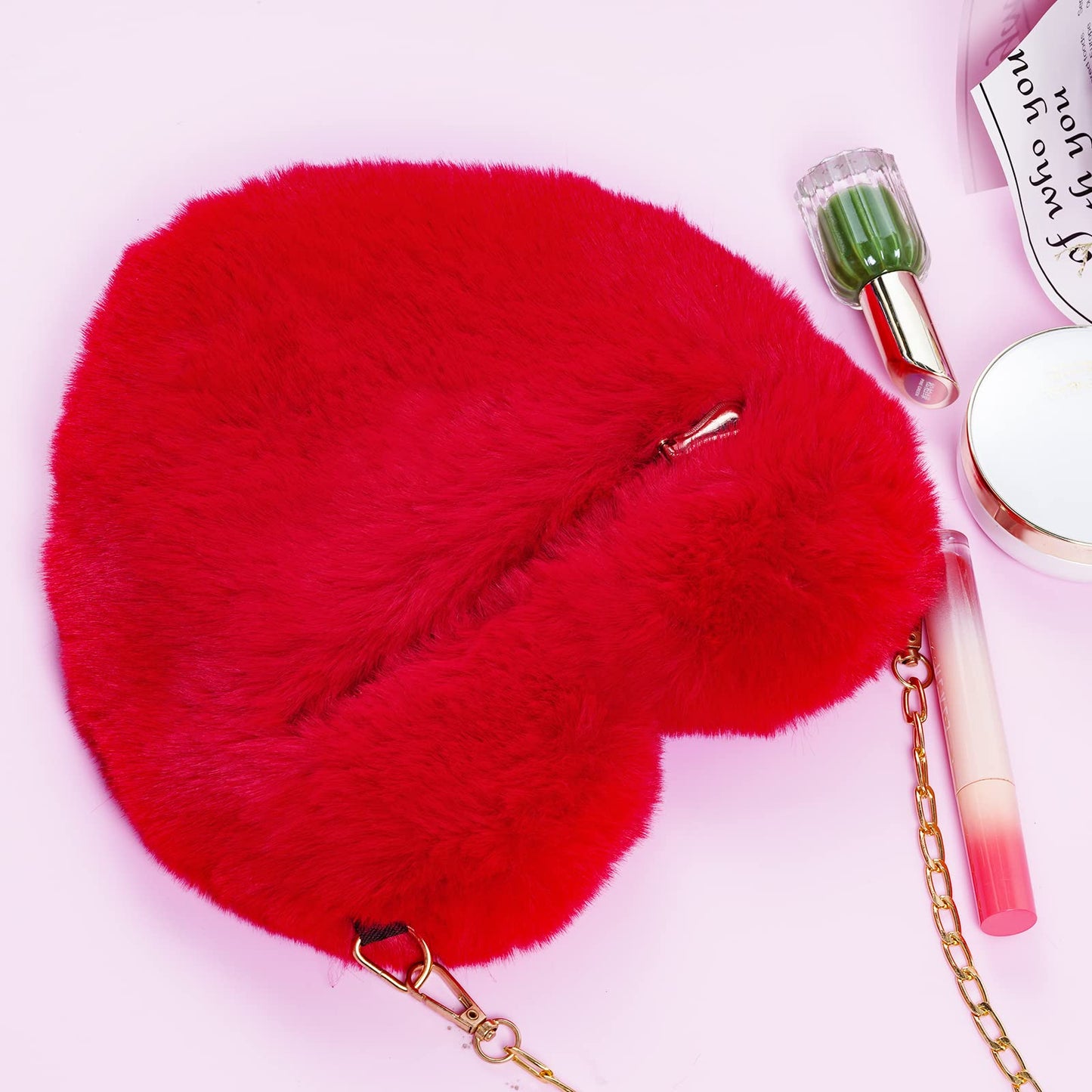 Heart Shaped Faux Fur Purse Fluffy Crossbody Bag Chain Shoulder Bag Cute Clutch Halloween Valentine Women Girls