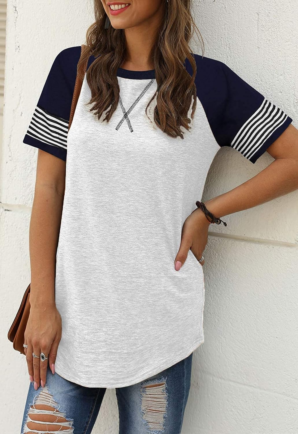 Women Summer Casual Shirts: Short Sleeve Striped Tunic Tops - Womens Crew Neck Tee Tshirt Blouses