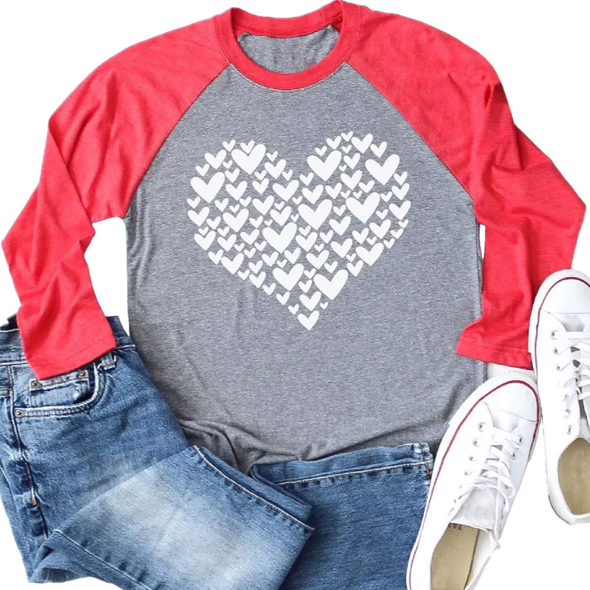 Womens Love Heart Raglans T-Shirts Casual Long Sleeve Valentine's Day Graphic Tees Tops
