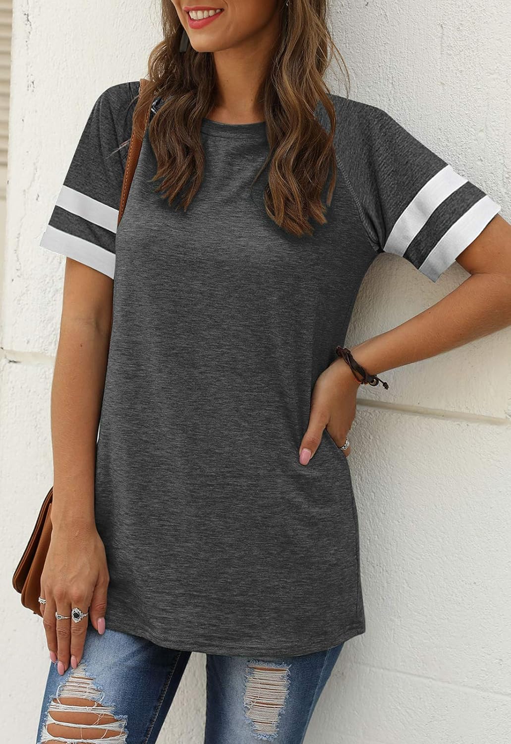 Women Summer Casual Shirts: Short Sleeve Striped Tunic Tops - Womens Crew Neck Tee Tshirt Blouses