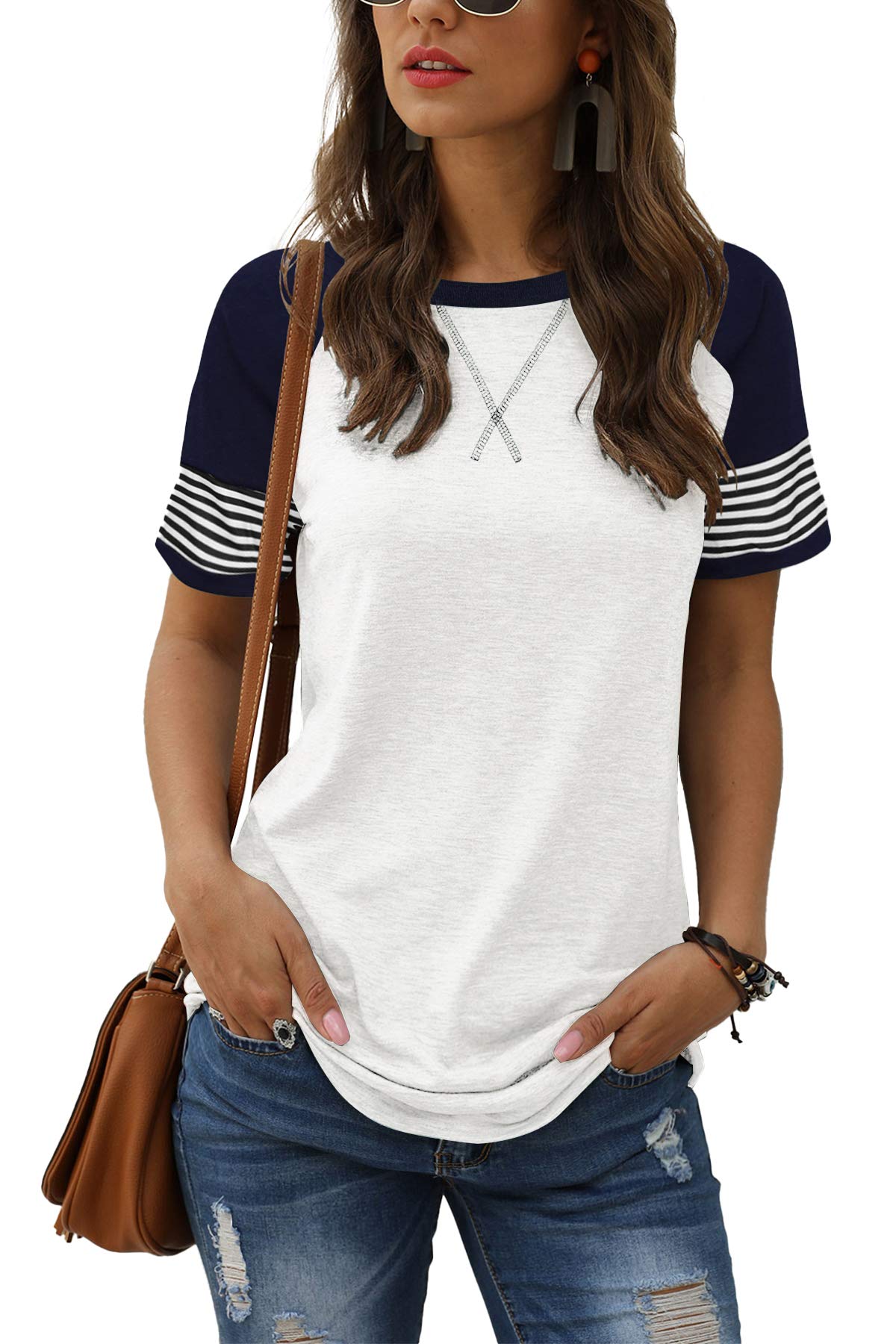 Women Summer Casual Shirts: Short Sleeve Striped Tunic Tops - Womens Crew Neck Tee Tshirt Blouses