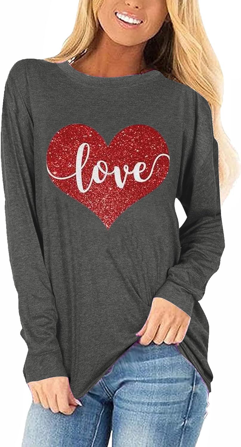 Womens Love Heart Raglans T-Shirts Casual Long Sleeve Valentine's Day Graphic Tees Tops