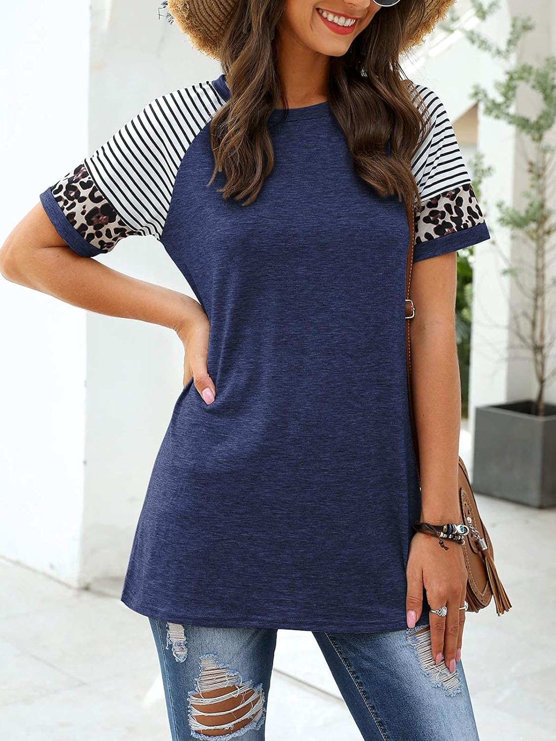Women Summer Casual Shirts: Short Sleeve Striped Tunic Tops - Womens Crew Neck Tee Tshirt Blouses