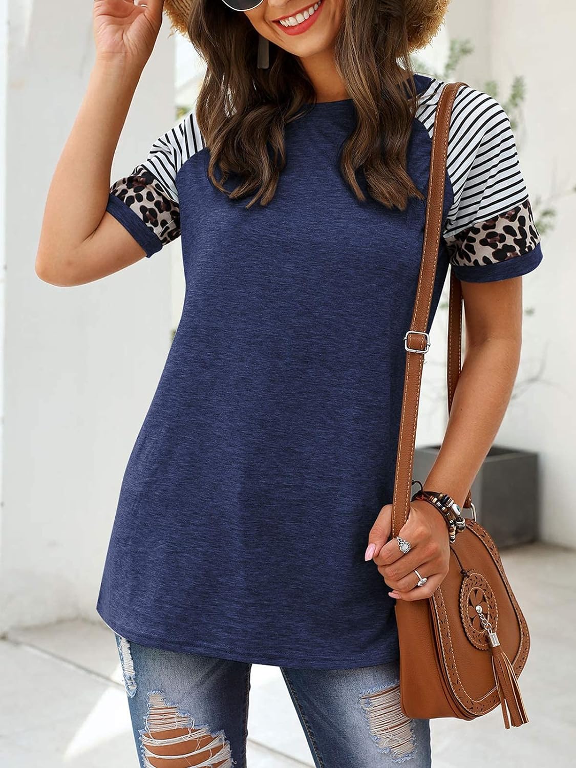 Women Summer Casual Shirts: Short Sleeve Striped Tunic Tops - Womens Crew Neck Tee Tshirt Blouses