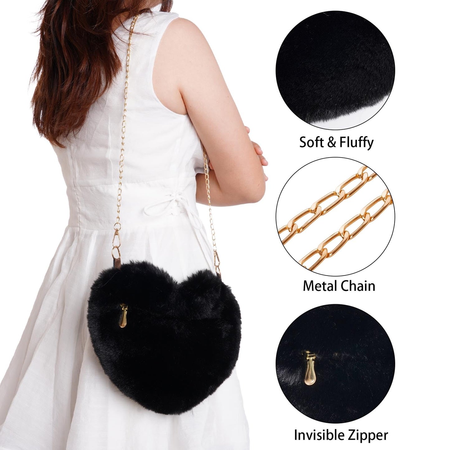 Heart Shaped Faux Fur Purse Fluffy Crossbody Bag Chain Shoulder Bag Cute Clutch Halloween Valentine Women Girls
