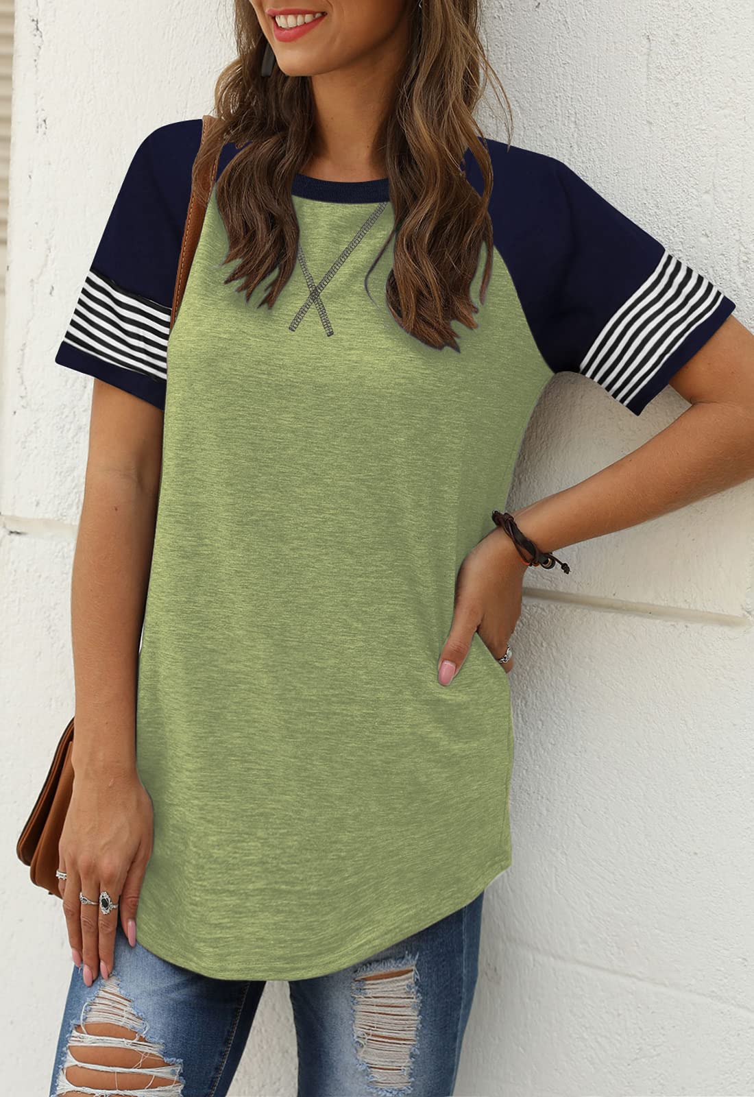 Women Summer Casual Shirts: Short Sleeve Striped Tunic Tops - Womens Crew Neck Tee Tshirt Blouses