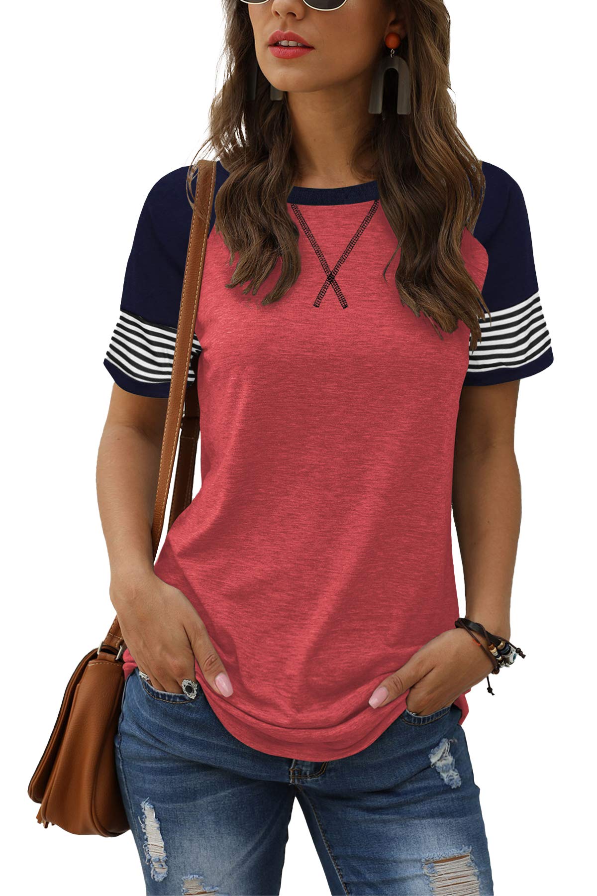 Women Summer Casual Shirts: Short Sleeve Striped Tunic Tops - Womens Crew Neck Tee Tshirt Blouses