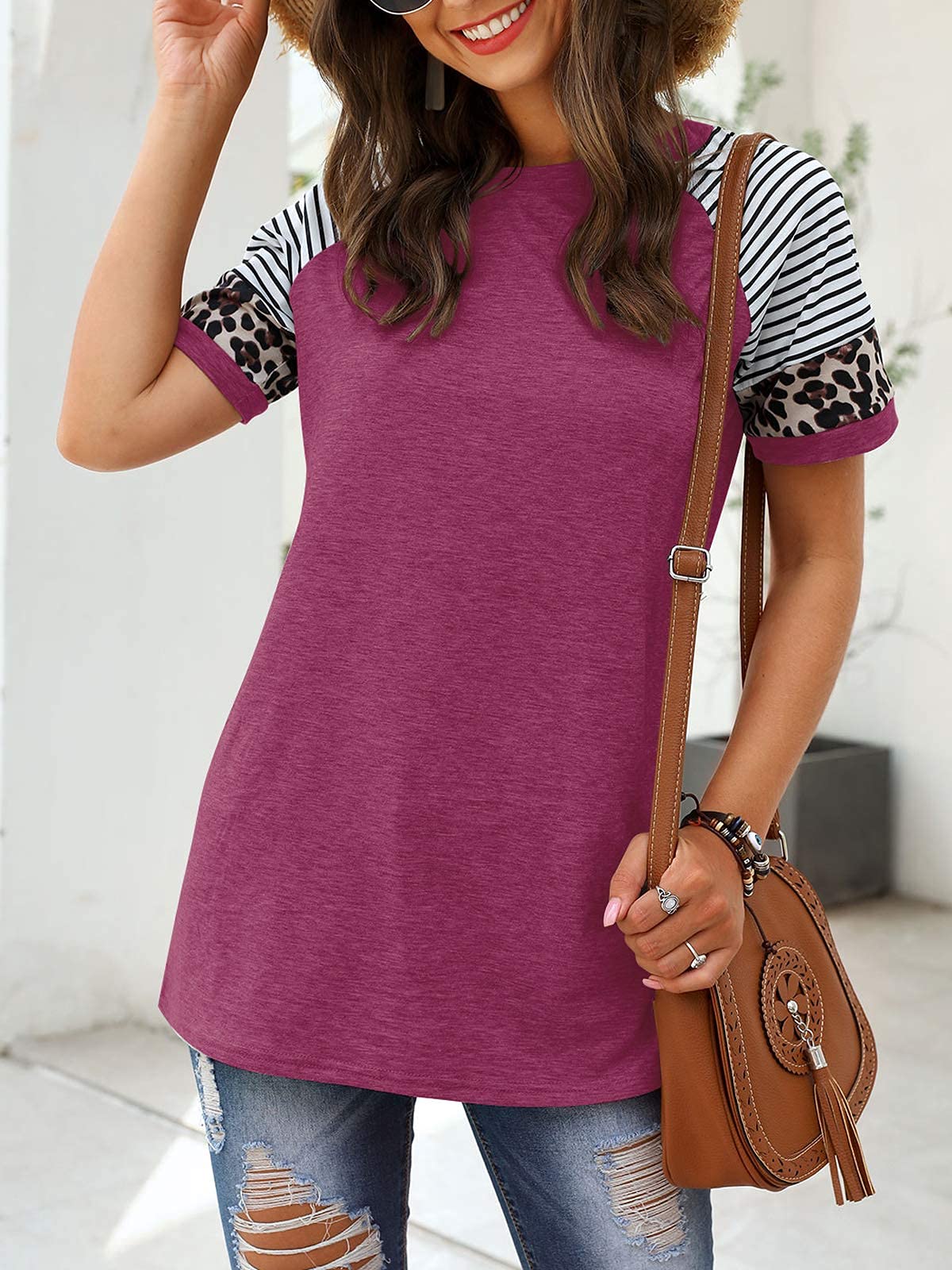Women Summer Casual Shirts: Short Sleeve Striped Tunic Tops - Womens Crew Neck Tee Tshirt Blouses