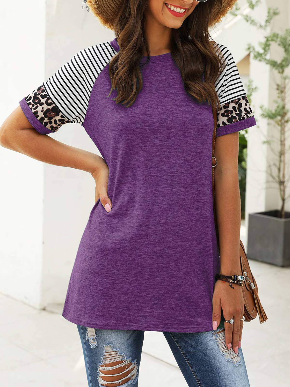 Women Summer Casual Shirts: Short Sleeve Striped Tunic Tops - Womens Crew Neck Tee Tshirt Blouses