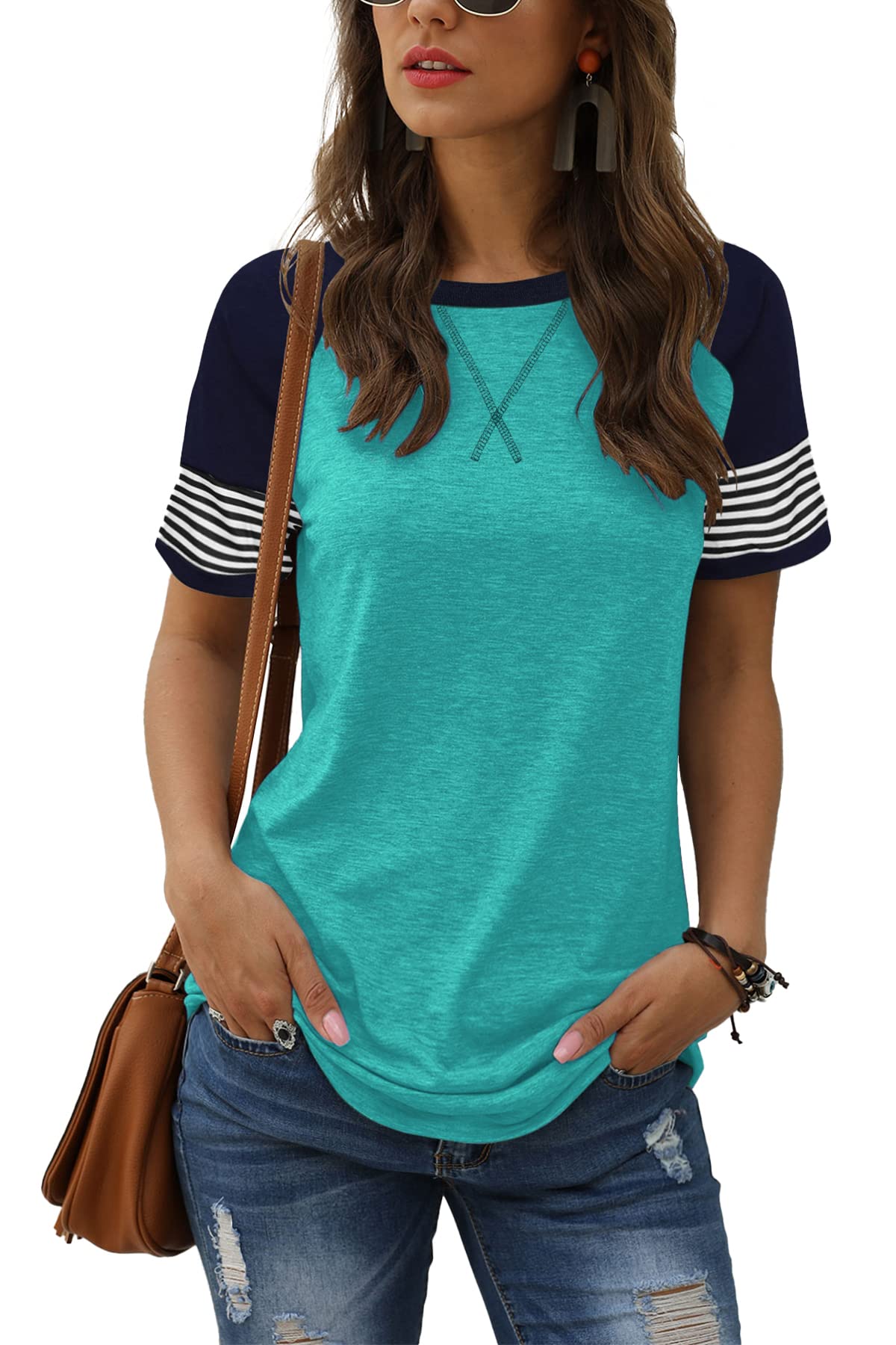 Women Summer Casual Shirts: Short Sleeve Striped Tunic Tops - Womens Crew Neck Tee Tshirt Blouses