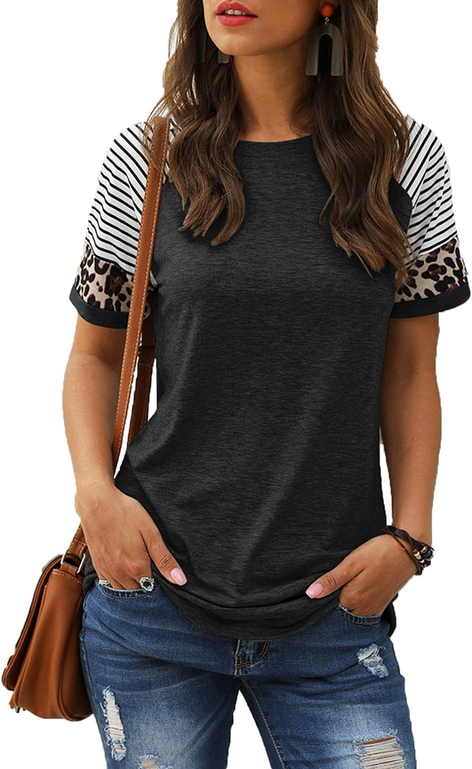 Women Summer Casual Shirts: Short Sleeve Striped Tunic Tops - Womens Crew Neck Tee Tshirt Blouses