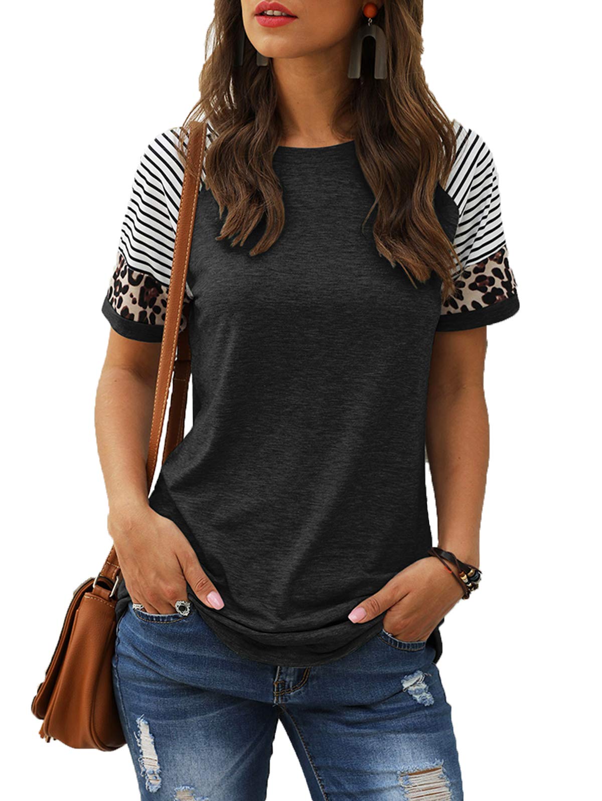 Women Summer Casual Shirts: Short Sleeve Striped Tunic Tops - Womens Crew Neck Tee Tshirt Blouses
