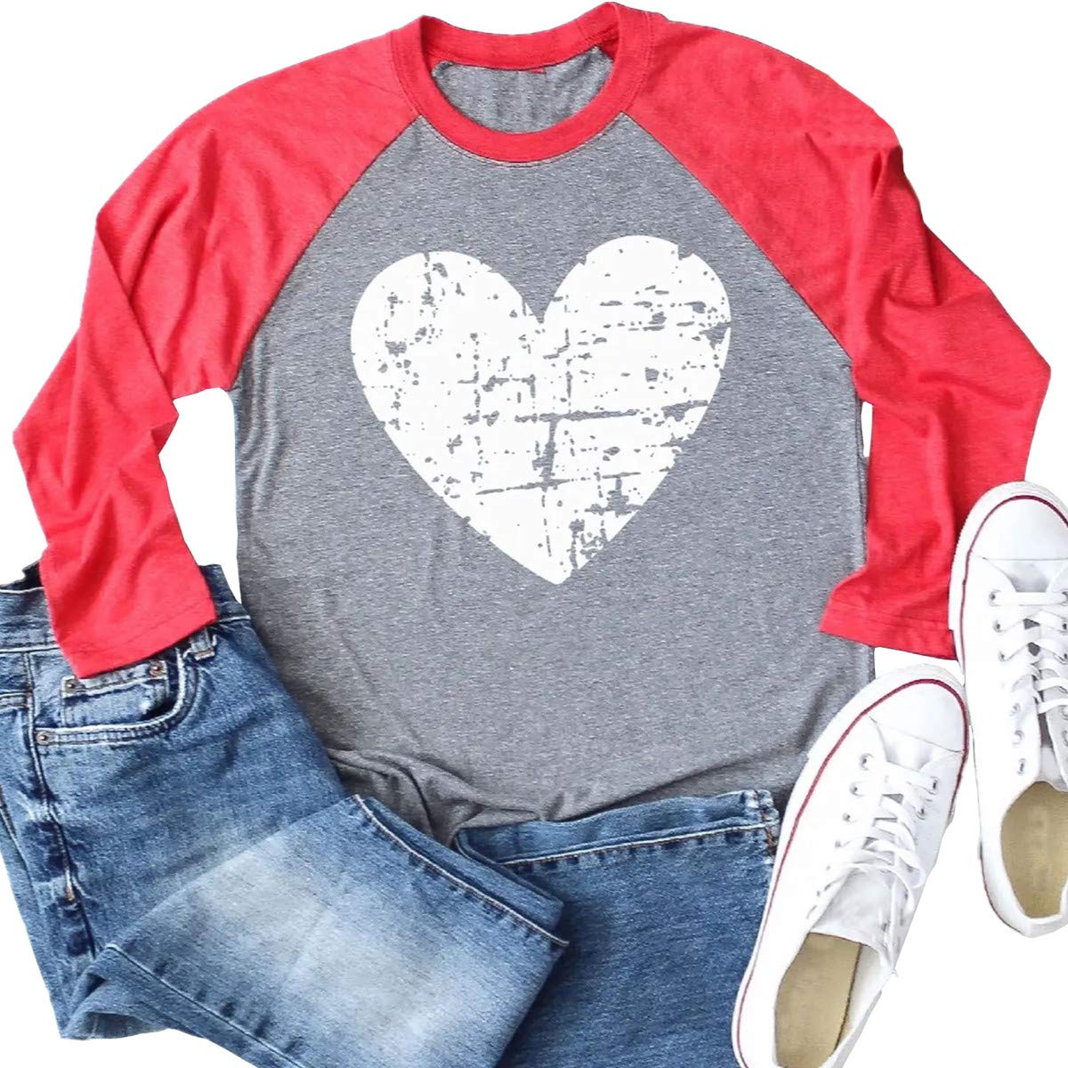 Womens Love Heart Raglans T-Shirts Casual Long Sleeve Valentine's Day Graphic Tees Tops