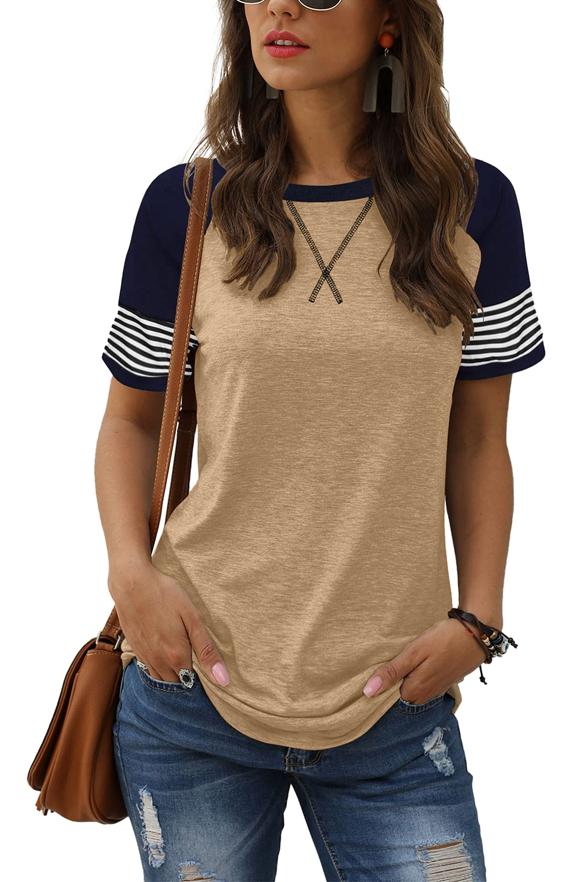 Women Summer Casual Shirts: Short Sleeve Striped Tunic Tops - Womens Crew Neck Tee Tshirt Blouses