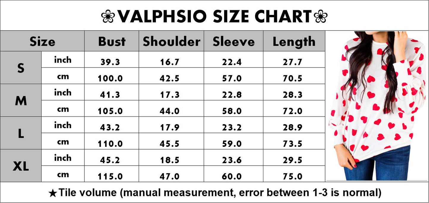 Womens Long Sleeve Heart Prints Blouse Crew Neck Valentines Tshirt Sweatshirt