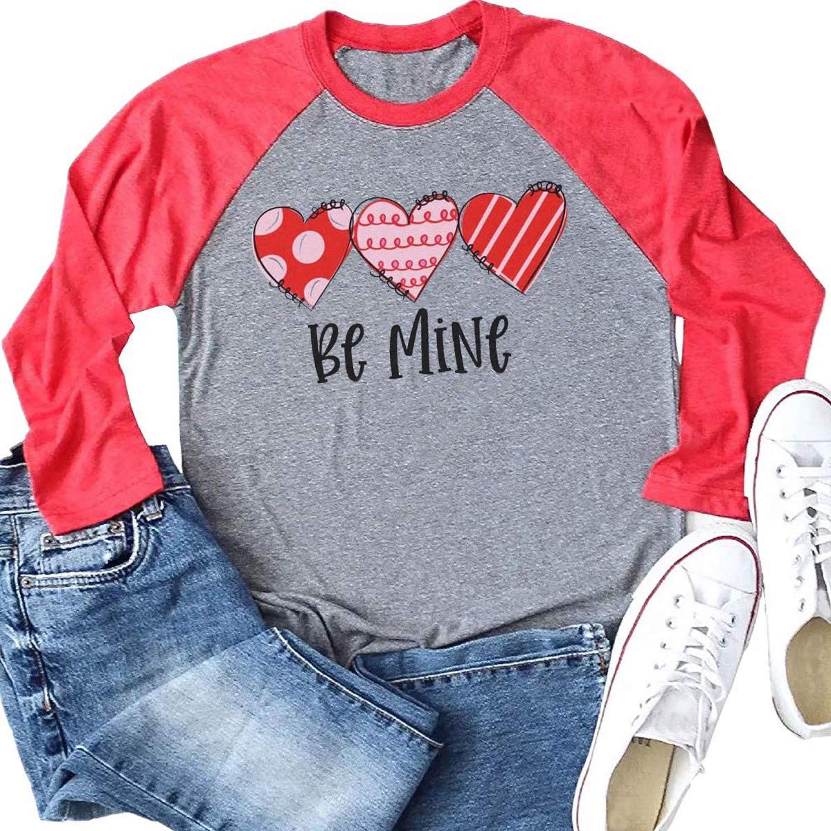 Womens Love Heart Raglans T-Shirts Casual Long Sleeve Valentine's Day Graphic Tees Tops