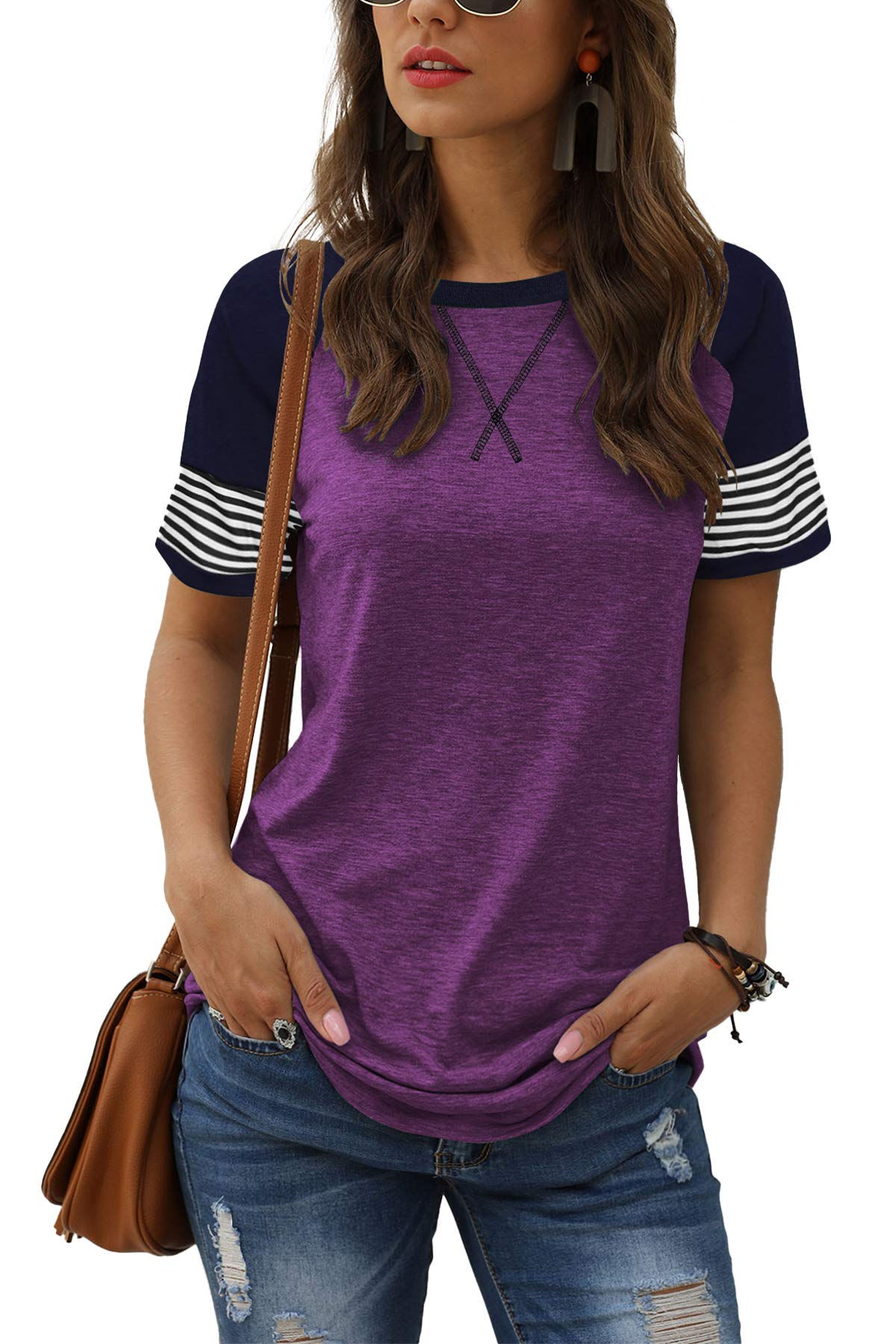 Women Summer Casual Shirts: Short Sleeve Striped Tunic Tops - Womens Crew Neck Tee Tshirt Blouses