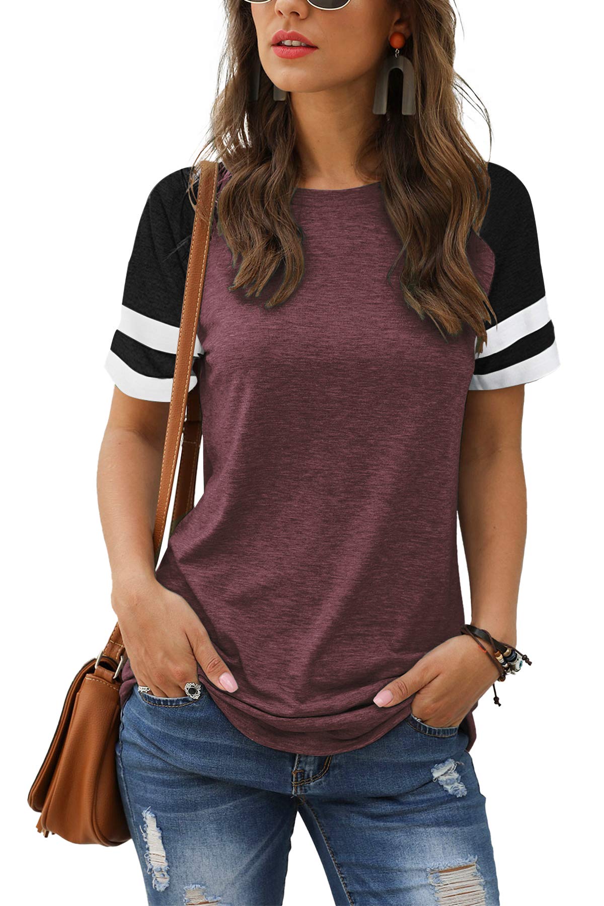 Women Summer Casual Shirts: Short Sleeve Striped Tunic Tops - Womens Crew Neck Tee Tshirt Blouses