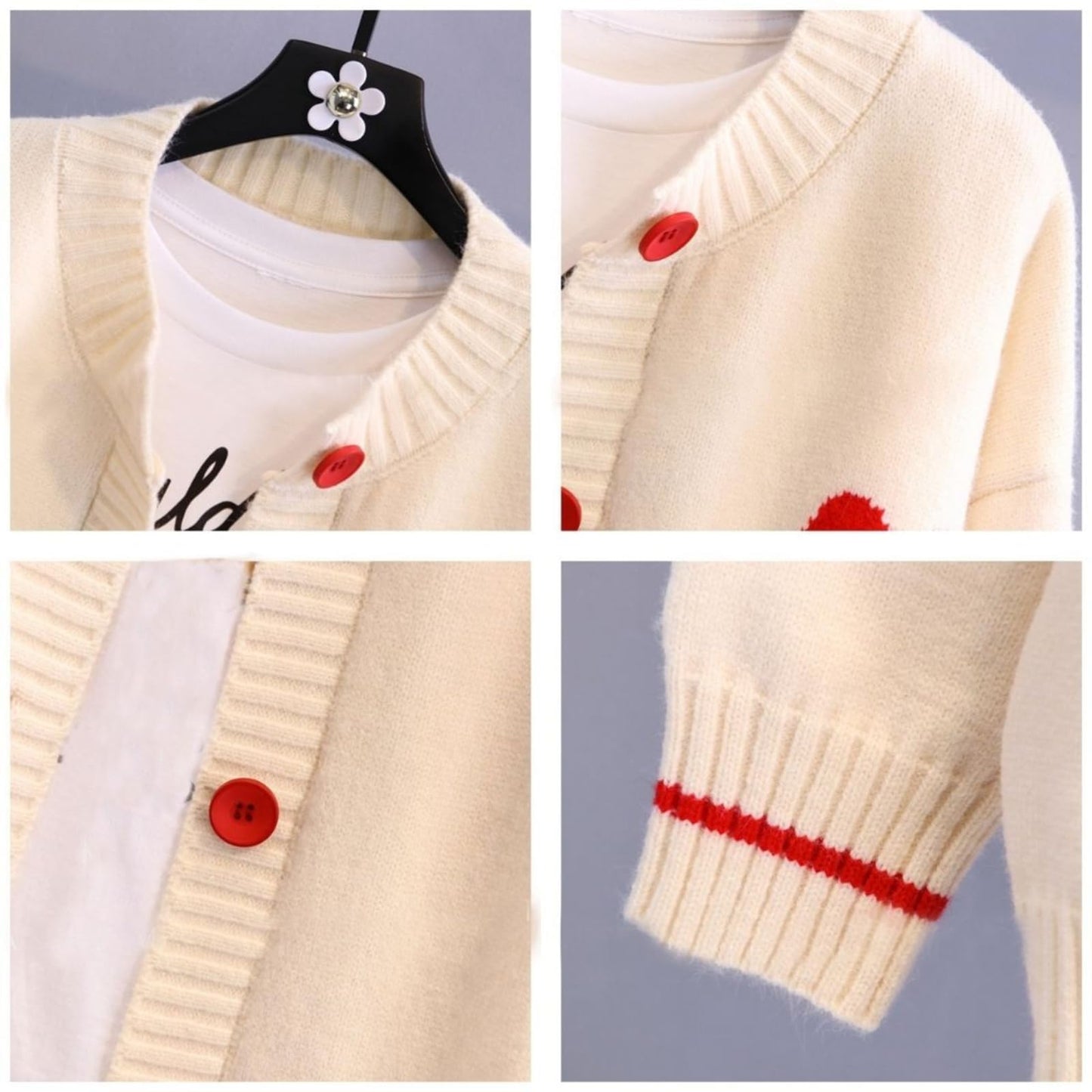 FindThy Women's Cute Cardigan Sweater Kawaii Love Heart Print Y2K Button Knitted Outerwear