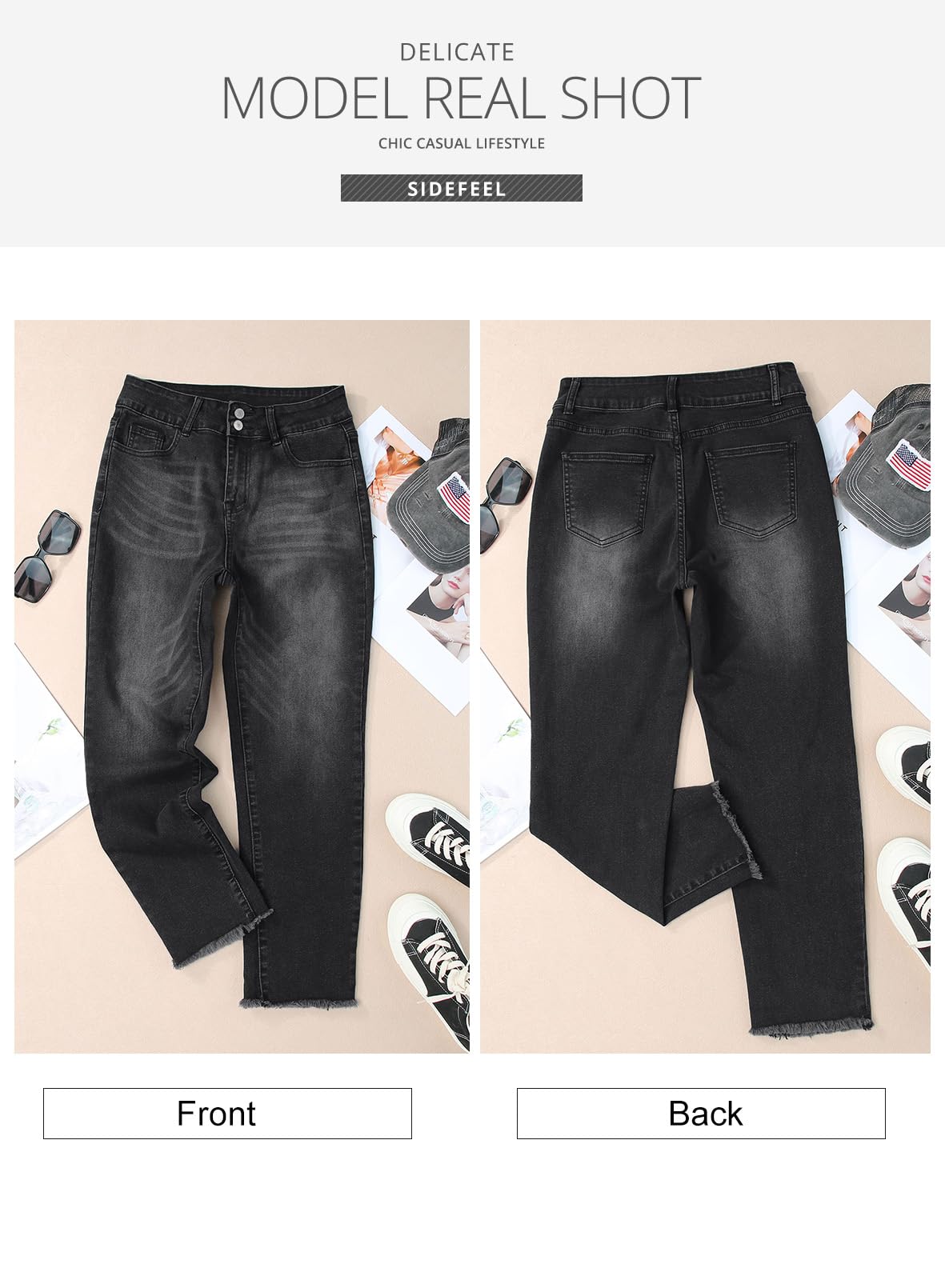 Women's High Waisted Jeans Strechy Raw Hem Straight Leg Denim Pants with Pockets