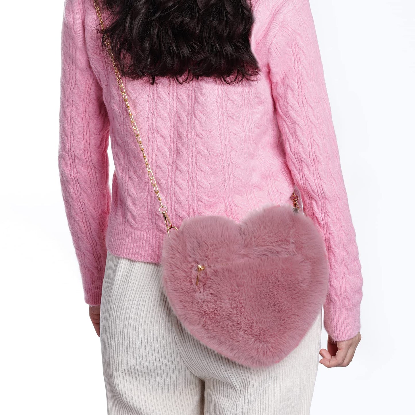 Heart Shaped Faux Fur Purse Fluffy Crossbody Bag Chain Shoulder Bag Cute Clutch Halloween Valentine Women Girls