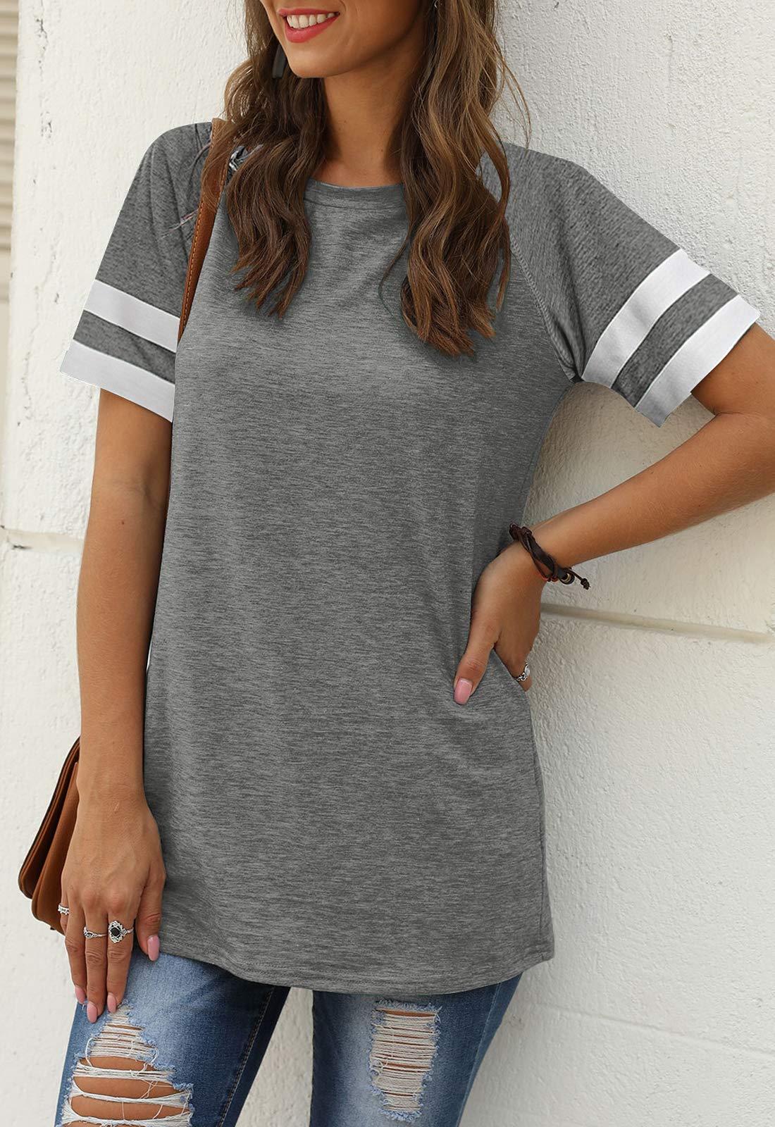 Women Summer Casual Shirts: Short Sleeve Striped Tunic Tops - Womens Crew Neck Tee Tshirt Blouses