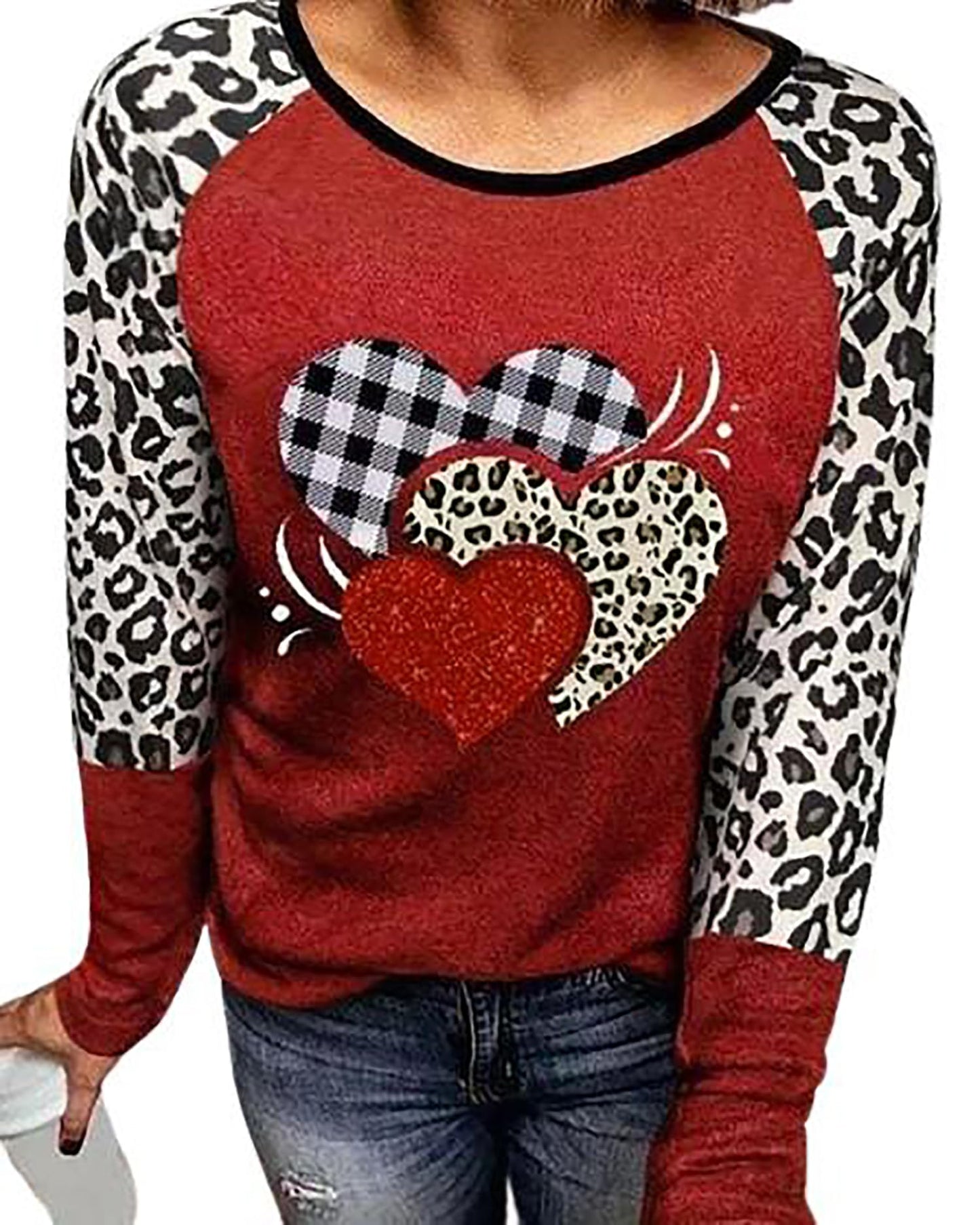 Valentines Day Shirts for Women Funny Plaid Love Heart Graphic Valentines T-Shirt Plaid Striped Splicing Long Sleeve Tops