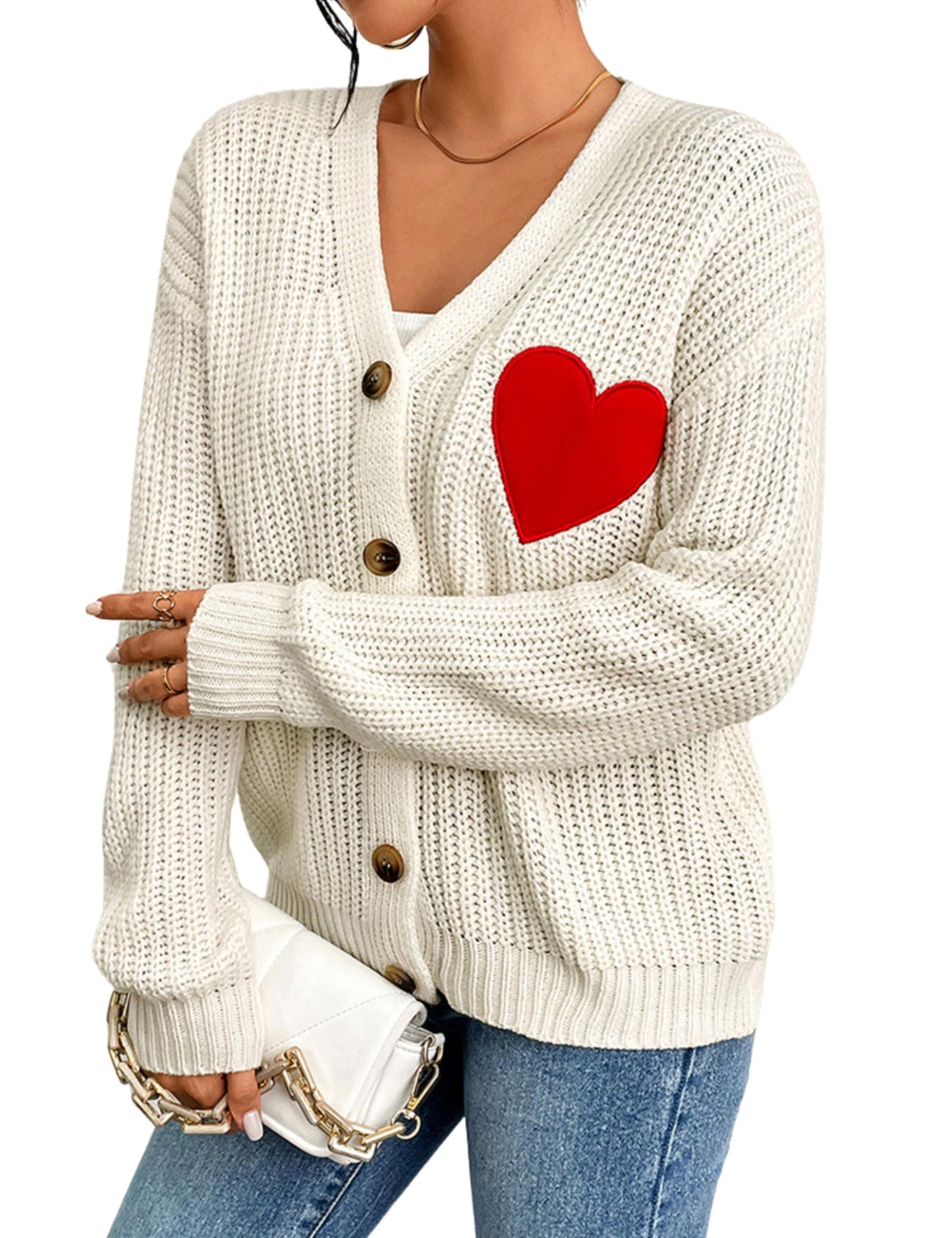 FindThy Women's Cute Cardigan Sweater Kawaii Love Heart Print Y2K Button Knitted Outerwear