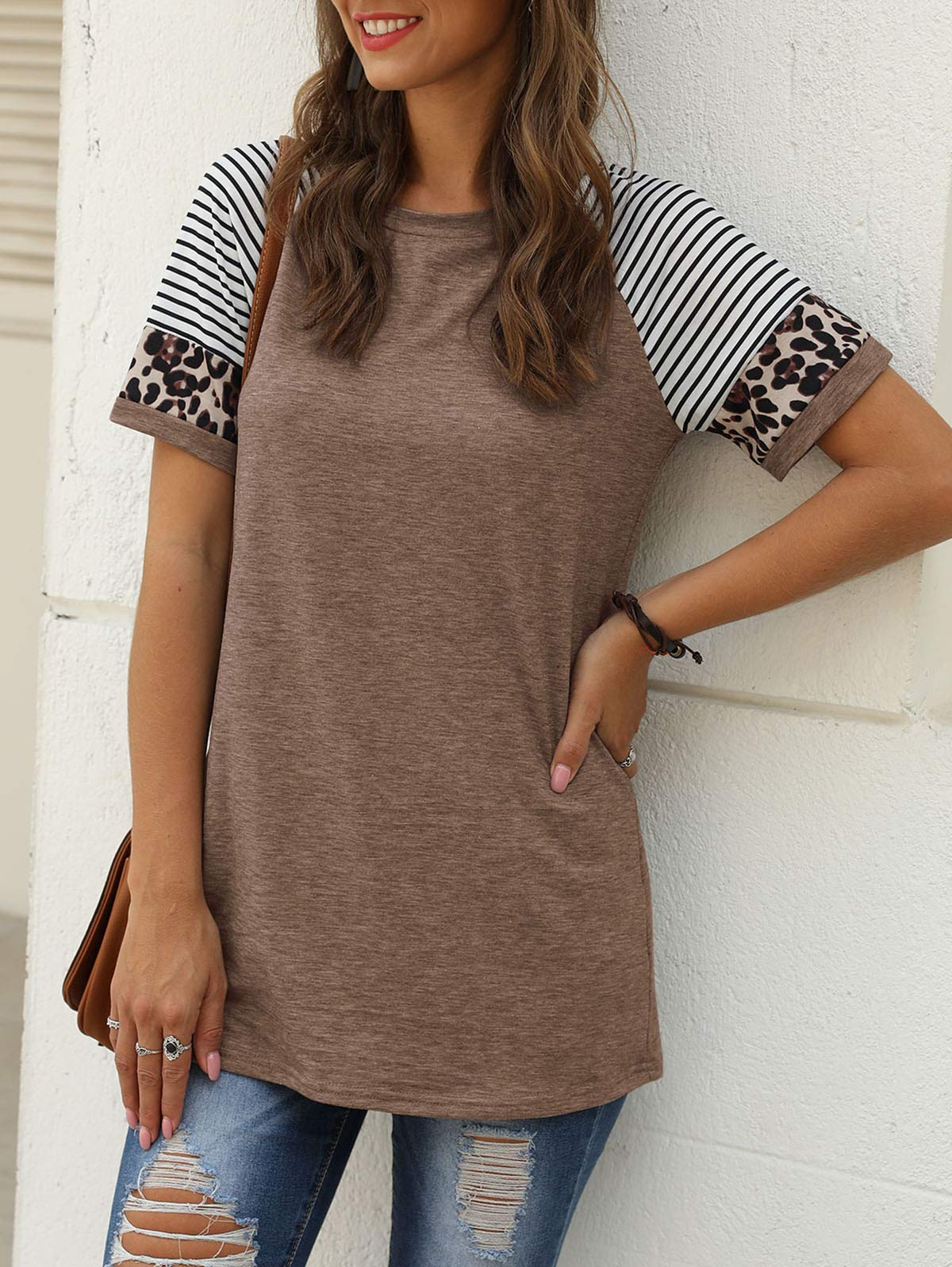 Women Summer Casual Shirts: Short Sleeve Striped Tunic Tops - Womens Crew Neck Tee Tshirt Blouses