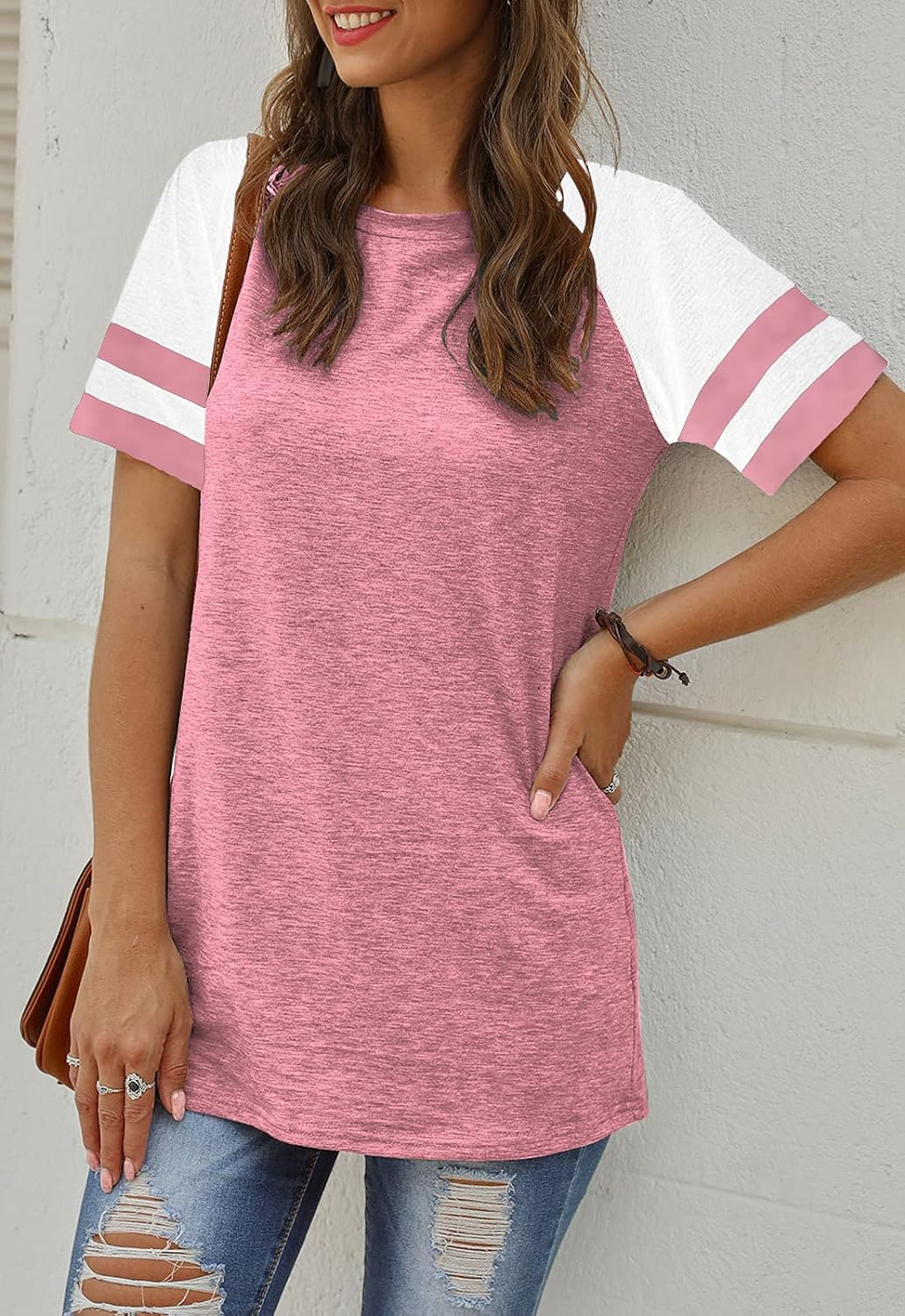 Women Summer Casual Shirts: Short Sleeve Striped Tunic Tops - Womens Crew Neck Tee Tshirt Blouses