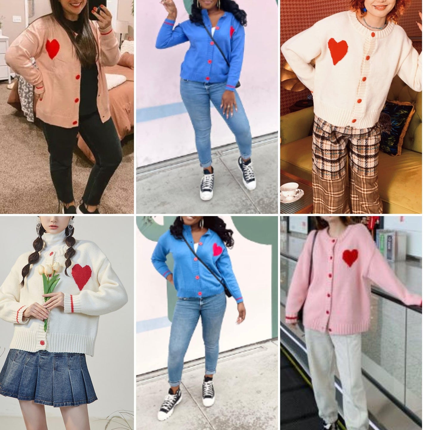 FindThy Women's Cute Cardigan Sweater Kawaii Love Heart Print Y2K Button Knitted Outerwear