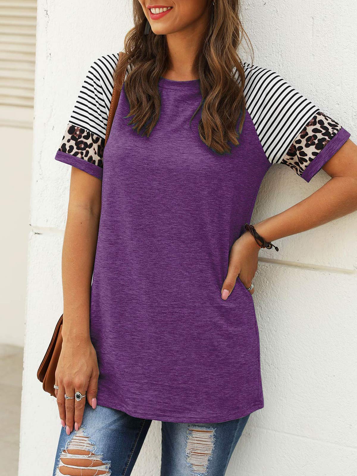 Women Summer Casual Shirts: Short Sleeve Striped Tunic Tops - Womens Crew Neck Tee Tshirt Blouses