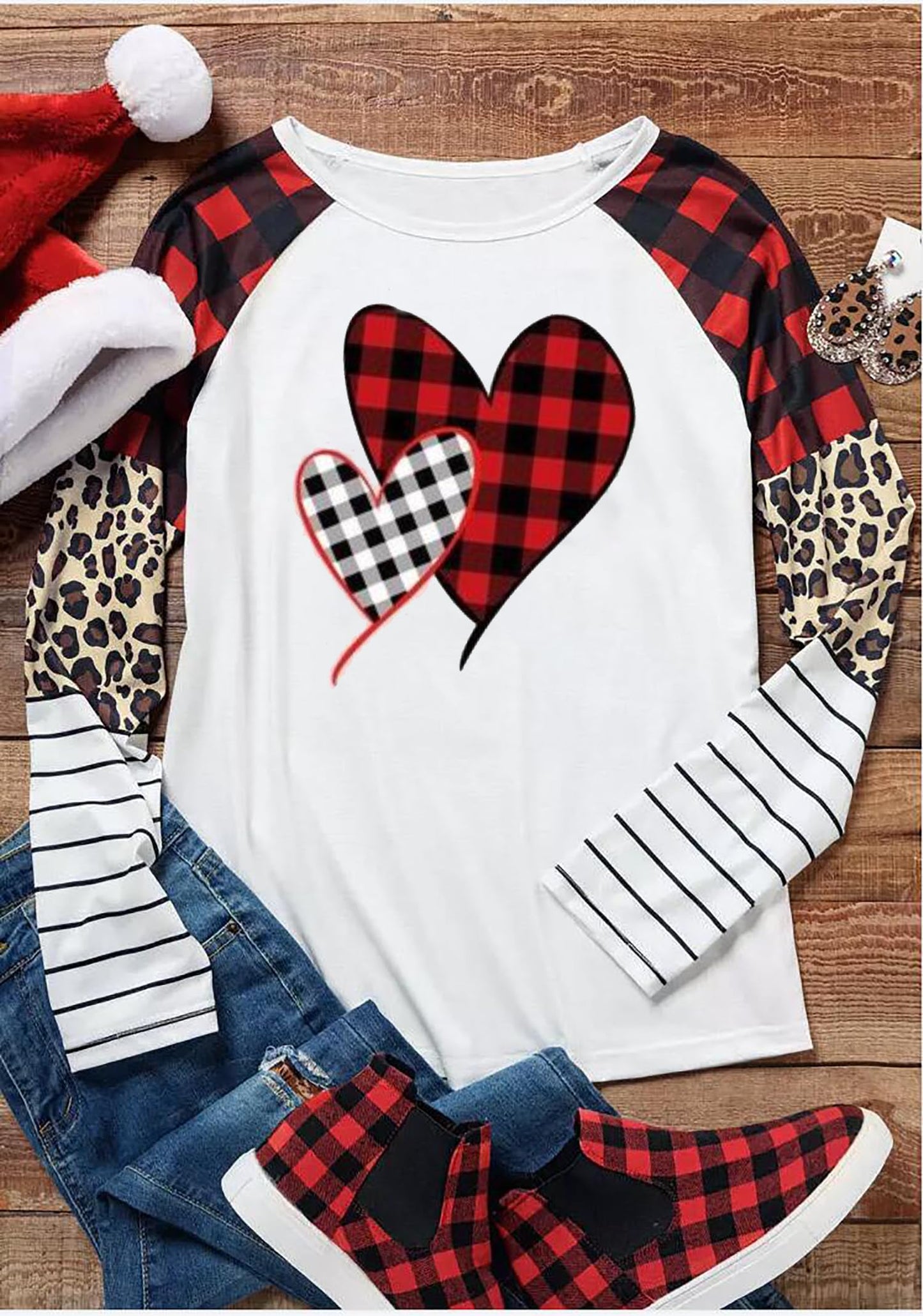 Valentines Day Shirts for Women Funny Plaid Love Heart Graphic Valentines T-Shirt Plaid Striped Splicing Long Sleeve Tops