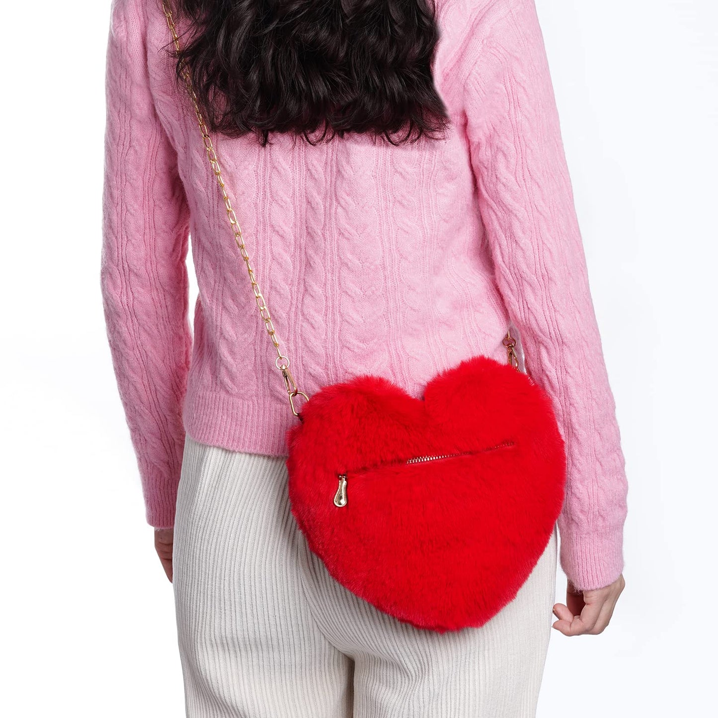 Heart Shaped Faux Fur Purse Fluffy Crossbody Bag Chain Shoulder Bag Cute Clutch Halloween Valentine Women Girls