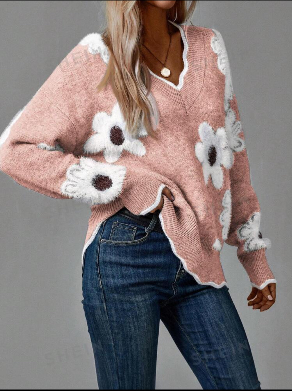 Women's Colorful 3D Floral V-Neck Drop Shoulder Long Sleeve Sweater, Casual For Autumn And Winter New Years,Long Sleeve Tops