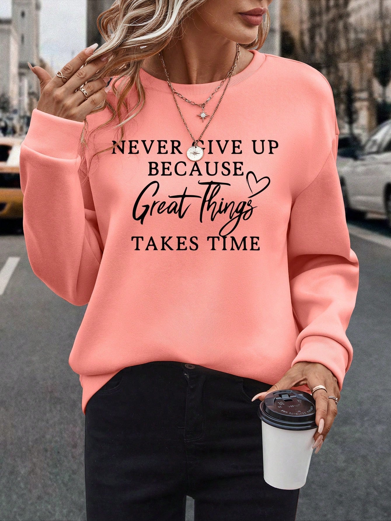 Women's Round Neck Sweatshirt With Slogan Print NEVER GIVE UP BECAUSE Great Things TAKES TIME,Long Sleeve Tops