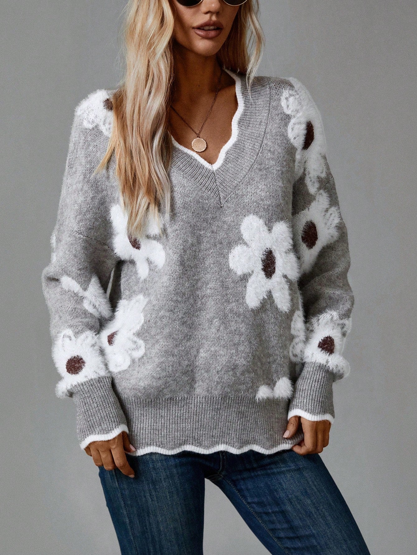 Women's Colorful 3D Floral V-Neck Drop Shoulder Long Sleeve Sweater, Casual For Autumn And Winter New Years,Long Sleeve Tops