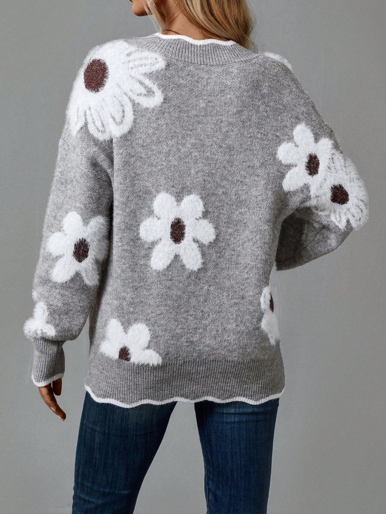 Women's Colorful 3D Floral V-Neck Drop Shoulder Long Sleeve Sweater, Casual For Autumn And Winter New Years,Long Sleeve Tops