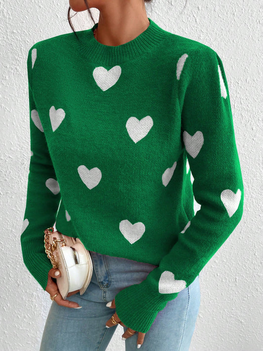 Women's Heart Jacquard Crew Neck Casual Long Sleeve Sweater, Suitable For Autumn/Winter
