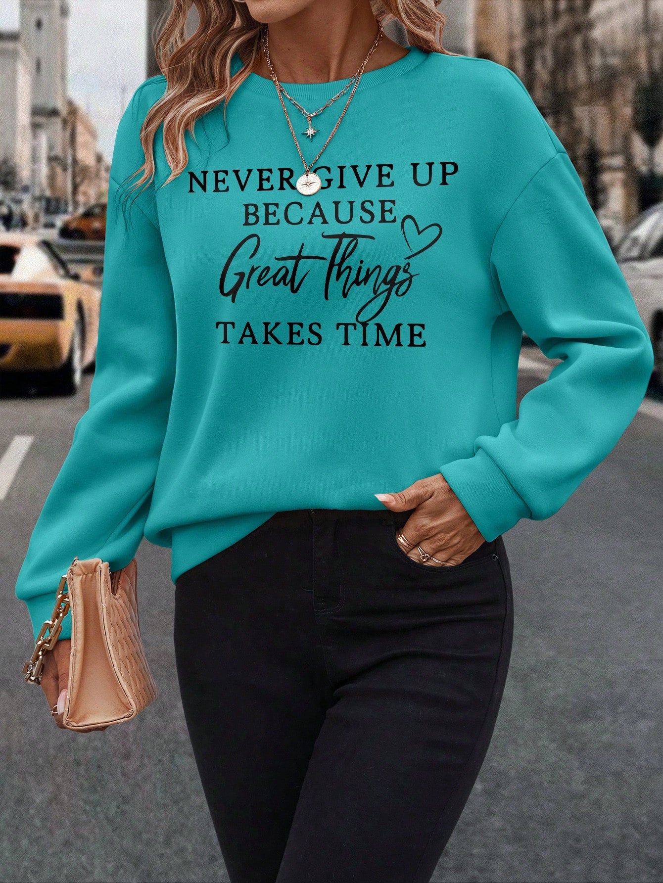 Women's Round Neck Sweatshirt With Slogan Print NEVER GIVE UP BECAUSE Great Things TAKES TIME,Long Sleeve Tops