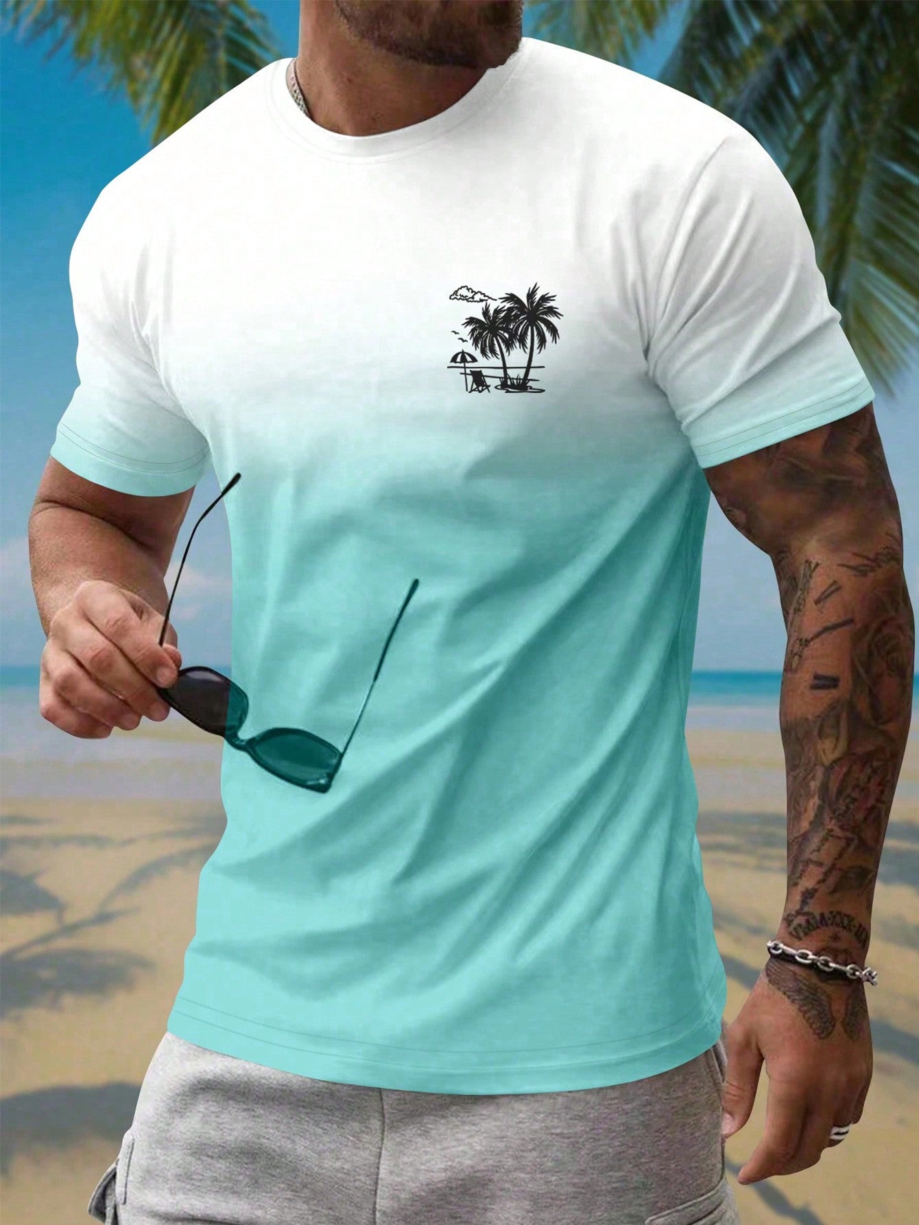 Manfinity RSRT Round Neck Digital Printed Ombre Color Summer Casual Short Sleeve T-Shirt