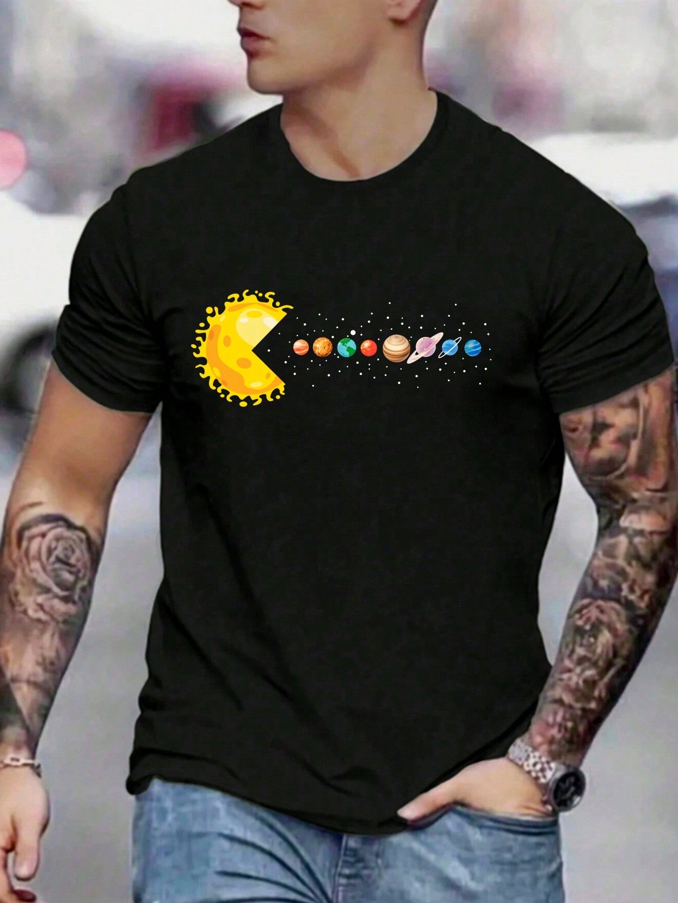 Men's Round Neck Planet Print Short Sleeve Casual Loose Fit T-Shirt