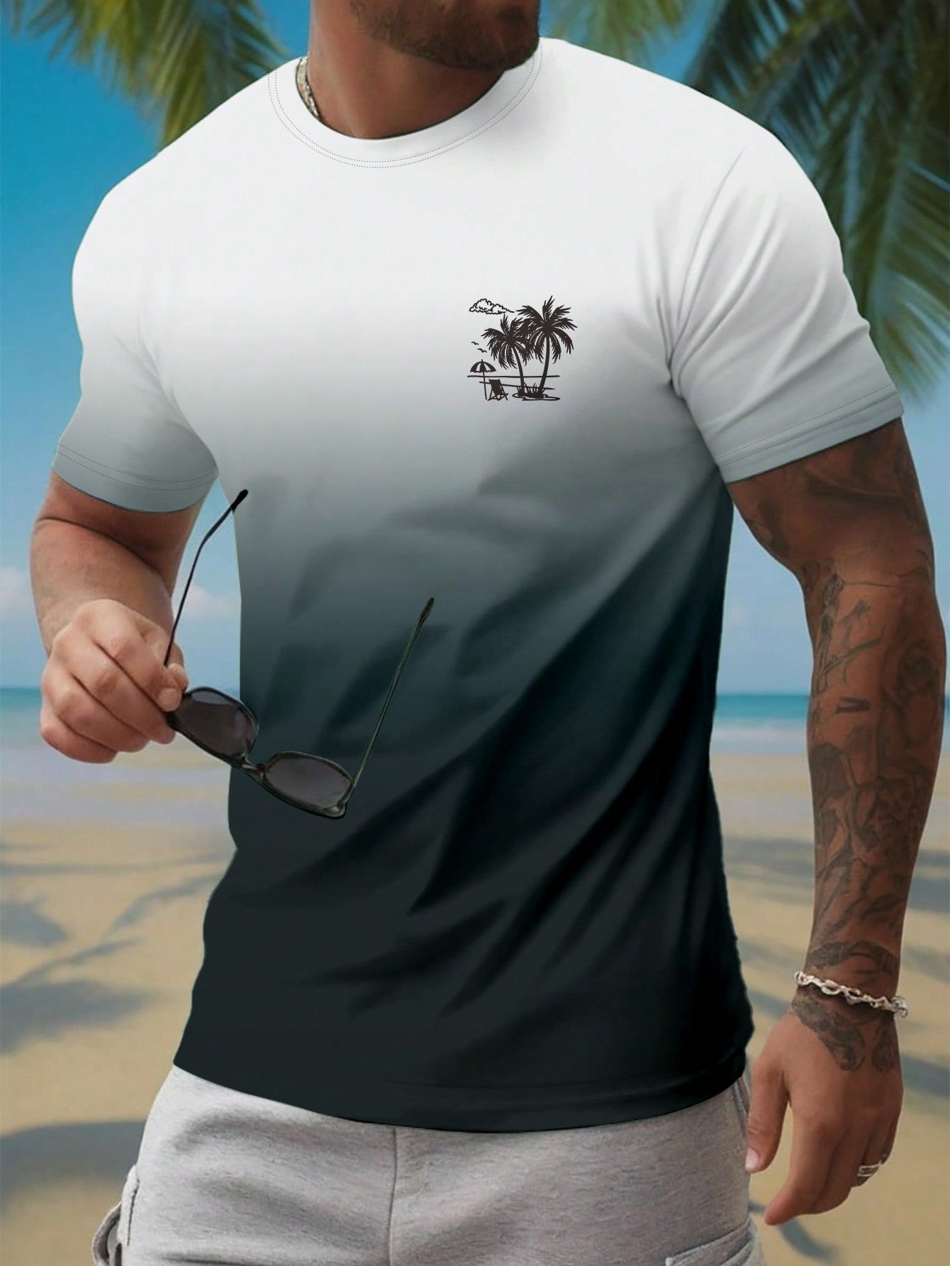 Manfinity RSRT Round Neck Digital Printed Ombre Color Summer Casual Short Sleeve T-Shirt