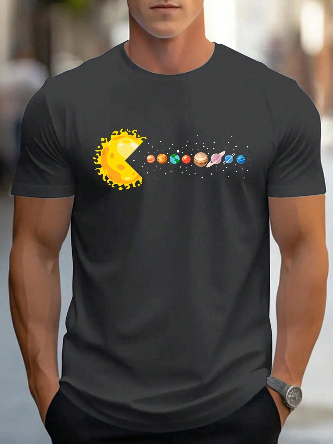 Men's Round Neck Planet Print Short Sleeve Casual Loose Fit T-Shirt