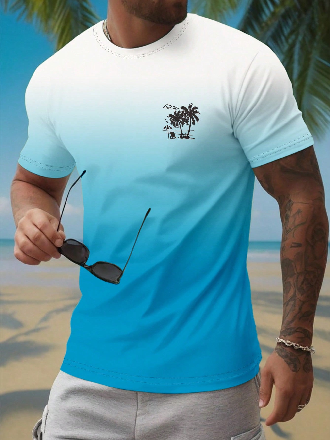 Manfinity RSRT Round Neck Digital Printed Ombre Color Summer Casual Short Sleeve T-Shirt