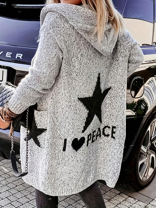 1 Piece Cardigan I Love Peace Star Printed, Long Sleeve Tops