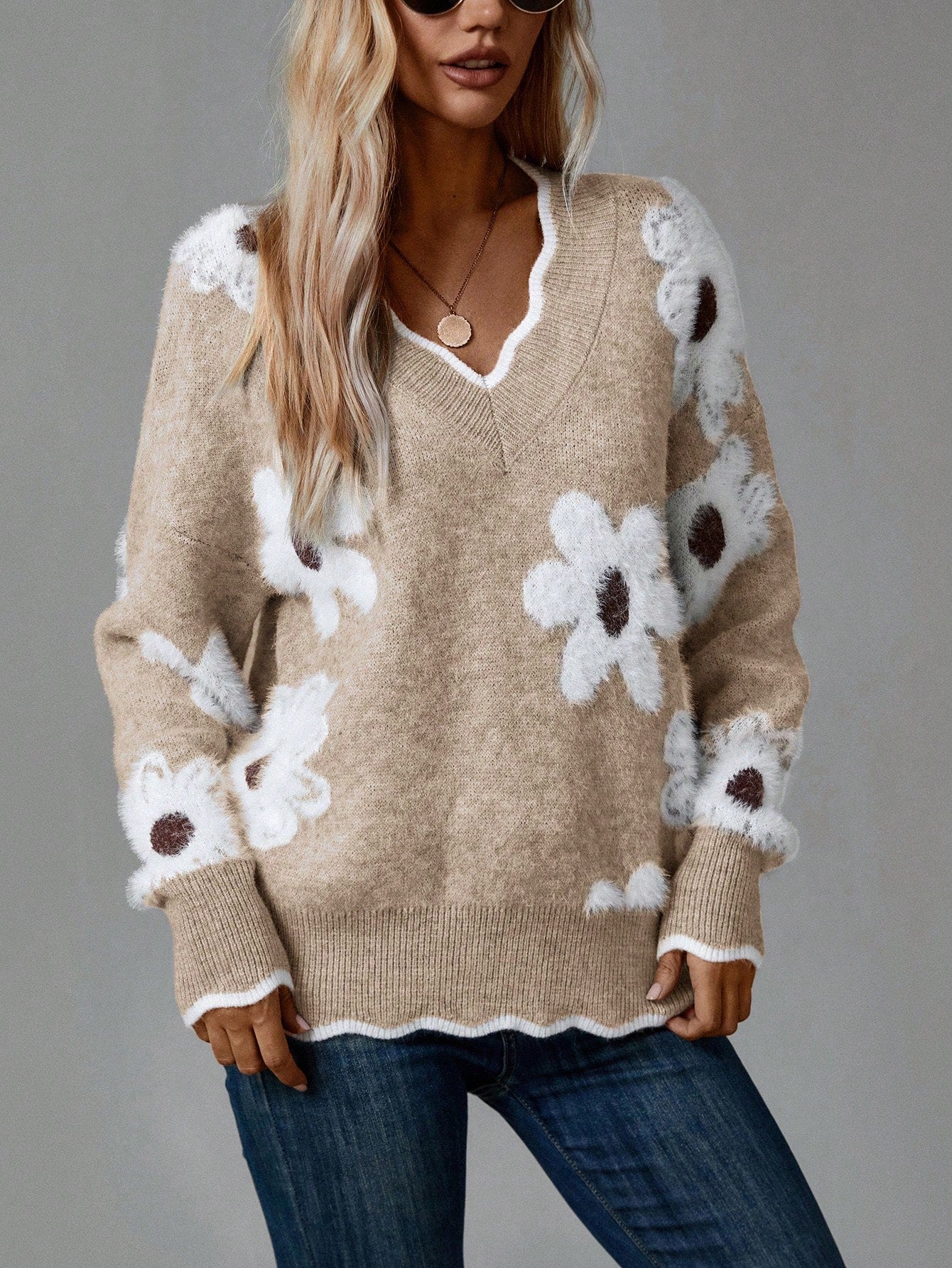 Women's Colorful 3D Floral V-Neck Drop Shoulder Long Sleeve Sweater, Casual For Autumn And Winter New Years,Long Sleeve Tops