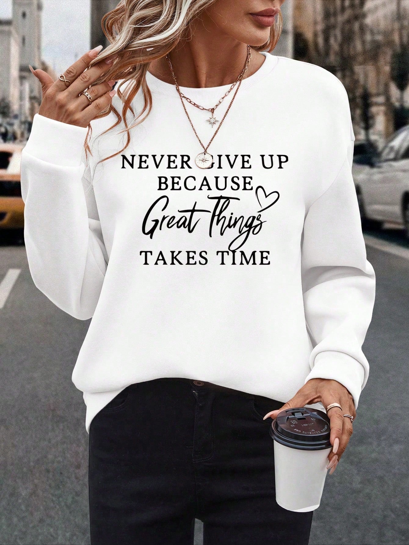Women's Round Neck Sweatshirt With Slogan Print NEVER GIVE UP BECAUSE Great Things TAKES TIME,Long Sleeve Tops